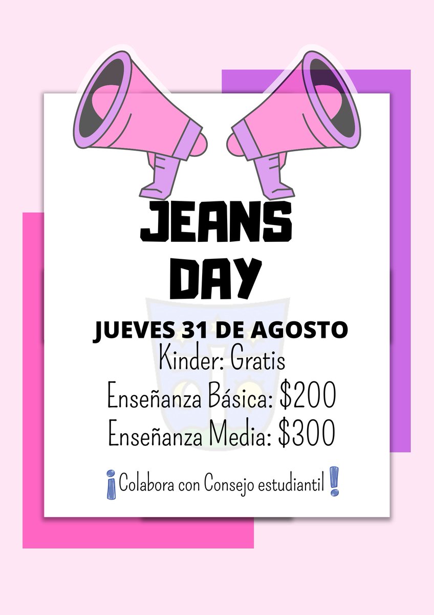 SantaCruzStgo's tweet photo. Jueves 31 de agosto: Jeans Day.
Kínder gratis.
1° a 6° básico $200
7° básico a IV medio $300
¡Colaboremos con el Consejo estudiantil!
👏🥰👍🤩🤗🙌 https://t.co/2RwLJTLdyc