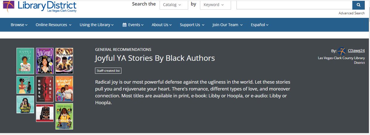 MasonLLL's tweet image. You might notice a familiar book on the list of "Joyful YA Stories by Black Authors" from the Las Vegas-Clark County Library District. #StarLion #YABooks #BlackMenWrite 

lvccld.bibliocommons.com/list/share/142…