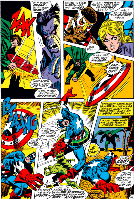 MarvelADay's tweet photo. #MarvelADay #Cap152 Hyde tries and fails to bend Cap's shield. We learn there's a mystery behind the shield, but with a BTAANG, Cap's shield gets embedded in the wall while the Scorpion strikes. - VA https://t.co/rDeeo98qIW