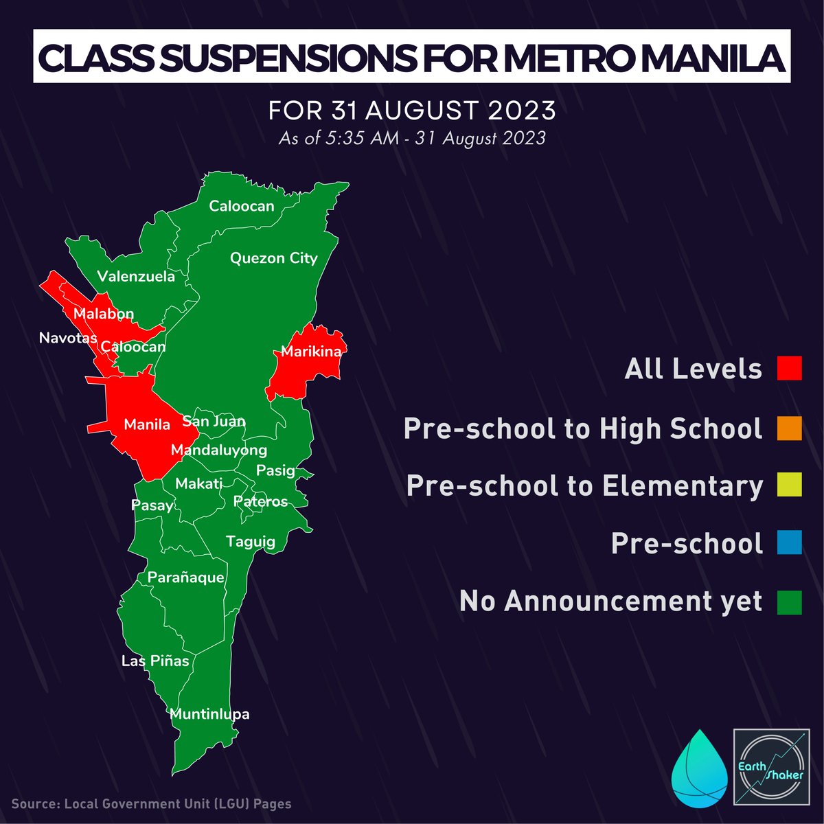 earthshakerph's tweet photo. #WalangPasok | As of 5:35 AM, nagsuspende ng klase sa LAHAT NG ANTAS sa mga sumusunod na lungsod sa Metro Manila, dulot ng malakas na pag-ulan dala ng #Habagat.

Ayon sa PAGASA, occasional rains ang mararanasan ng Metro Manila ngayong araw na posibleng magdulot ng pagbaha. https://t.co/dNzDCV40tF