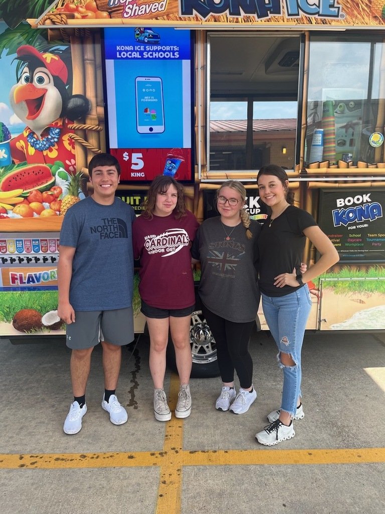 Several of our high school Student Council members were busy today! Mckenzie, Bayla, and Brooklyn attended the District 19 planning meeting at Region 8 while Gavin, Lilly, Kylee, and special helper Kendle helped with Kona Ice! We are so proud of these students! #MaudTXISD