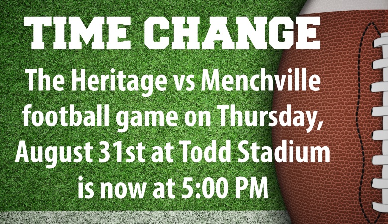 Tomorrow's football game between Heritage High School and Menchville High School at Todd Stadium is now at 5:00 p.m. Tickets may be purchased online at nnschools.org/athletics/tixn… or with a card at the gate.

<a href="/HeritageHS/">Heritage High School</a> <a href="/MenchvilleHS/">Menchville HS</a>