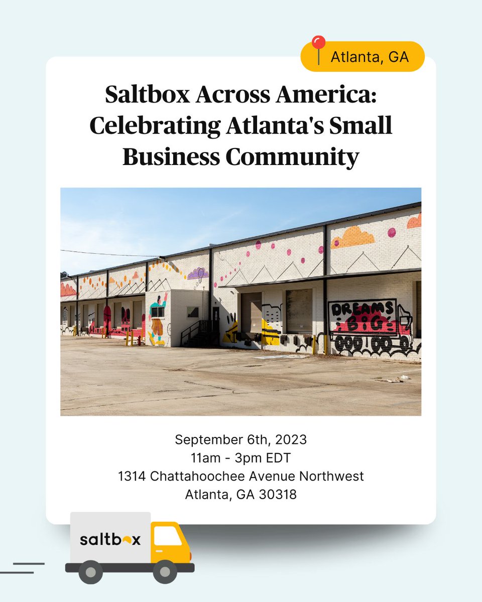📣 Calling all Atlanta small businesses, entrepreneurs and community members! We want to see you at Saltbox Westside Park as we kickoff the inaugural Saltbox Across America campaign. ➡️ RSVP at the link in our bio! #JoinSaltbox #AtlantaSmallBusiness #AtlantaEntrepreneur #Atlanta