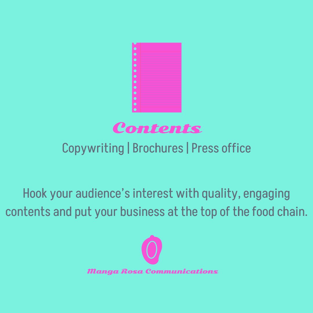 MangaRosaCom's tweet photo. #whatwedo Check out our services and hook your audience's interest with quality, engaging contents. Find out more   info@mangarosacommunications.com #marketingagency  #services  #ContentStrategy #Content  #copywriting  #pressoffice #brochures   #followthemango https://t.co/vL0rMo9woA