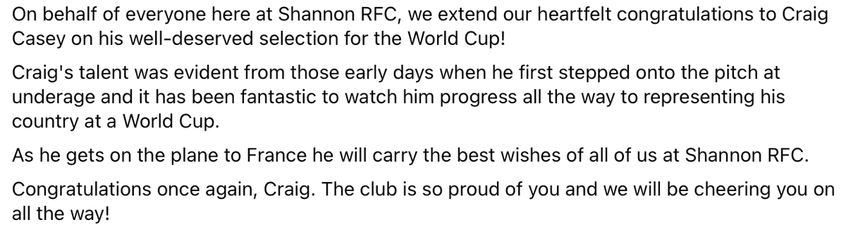 Shannon_RFC's tweet photo. On behalf of everyone here at Shannon RFC, we extend our heartfelt congratulations to Craig Casey on his well-deserved selection for the World Cup!

📷 : @IrishRugby https://t.co/cBeUvIuypo