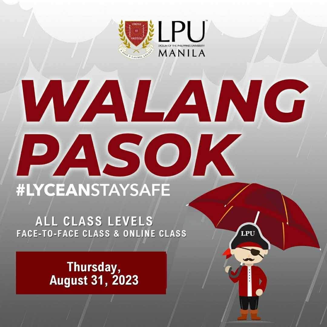 #ADVISORY

Please be advised that classes, both onsite and online, are suspended today, August 31, 2023, following the announcement of Manila Local Government Unit. #WalangPasok