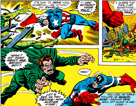 MarvelADay's tweet photo. #MarvelADay #Cap152 Cap manages to wrap some rope around Scorpion which pins his tail against him. Cap has no shield, and Scorpion has no tail available. We all know how that goes, but here comes Hyde for another round! - VA https://t.co/VjPaGd5Jz3