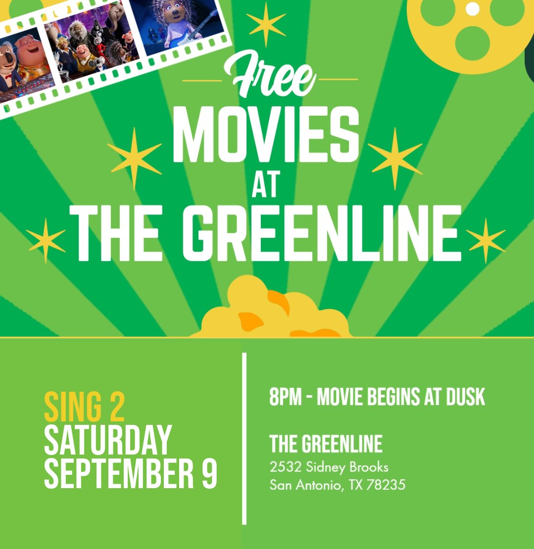 Join us for our last movie night of the summer featuring…Sing 2! 🎤 Enjoy popcorn courtesy of <a href="/CityBaseSA/">City Base Cinemas San Antonio</a>. Bring your chairs, blankets, and furry friends for a fun-filled evening. See you there! 😎 #greenlinesa #livebrooks #satx #sing2 #thingstodoinsanantonio