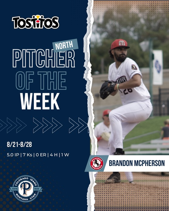 The scorching-hot <a href="/Mustangs/">Billings Mustangs</a> sweep our North Division awards, Brandon McPherson is the North's Pitcher of the Week! He pitched five scoreless innings, striking out seven and earning a victory.