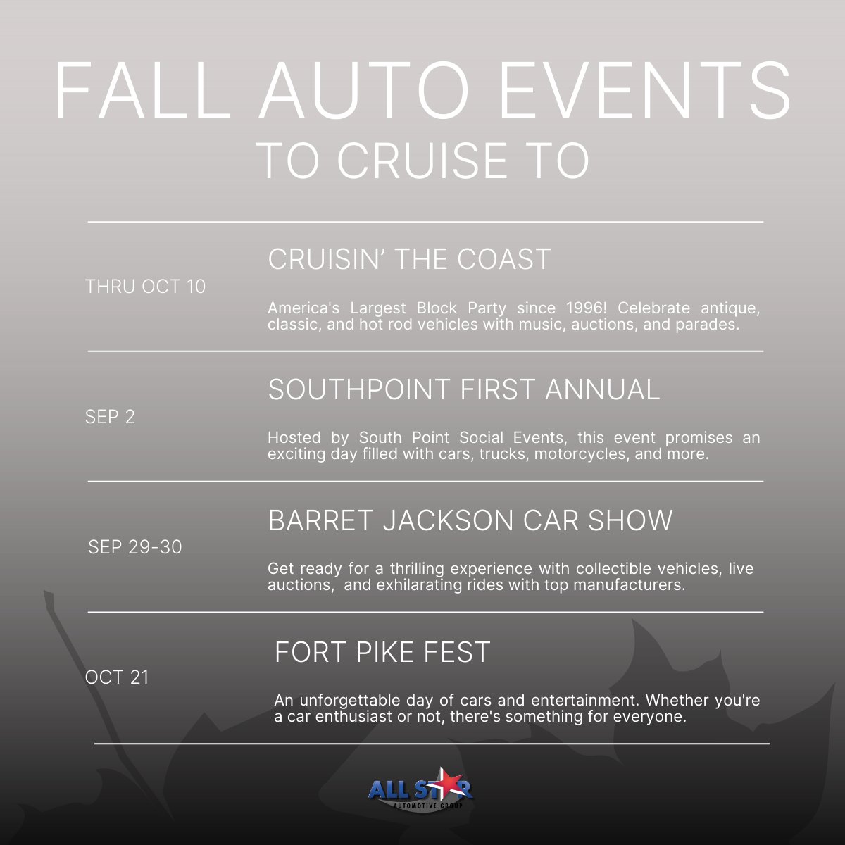 allstarautoLA's tweet image. 🗓️ Save the Date! Exciting times ahead at our upcoming events. Check out the calendar and get ready for some automotive thrills and entertainment! 🚗🎉

#OnlyinLouisiana #AutoEvents #FallinLouisiana #Cruisin