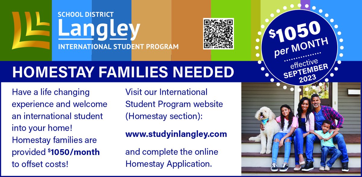 LangleySchools's tweet photo. Open your home to a student from another country! The Langley School District is seeking families interested in hosting an international student. Learn more about how you can become a Homestay family here: https://t.co/oOJ7EQV26b #MySD35Community https://t.co/mKlHj8bIMG
