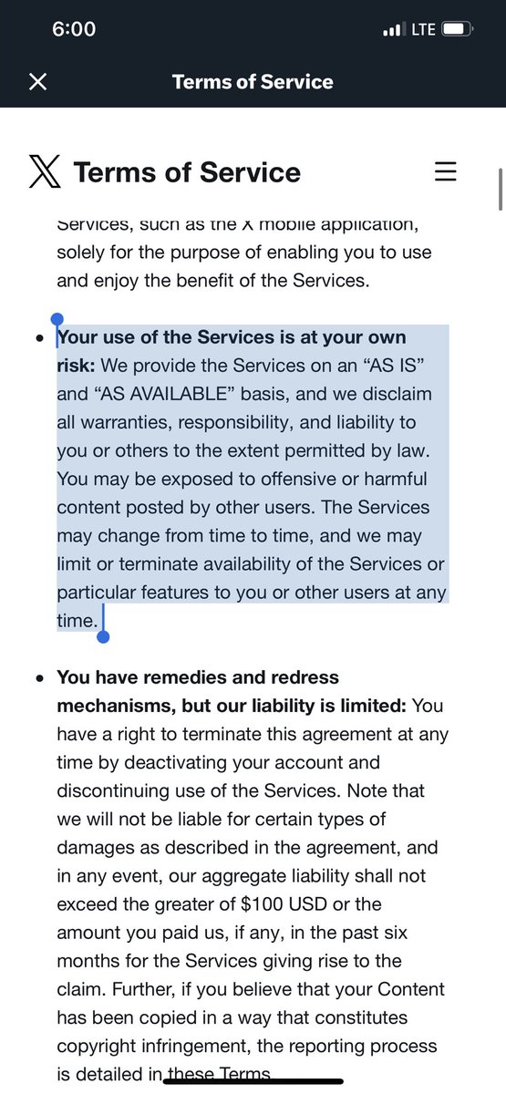 Updated terms of service on @x