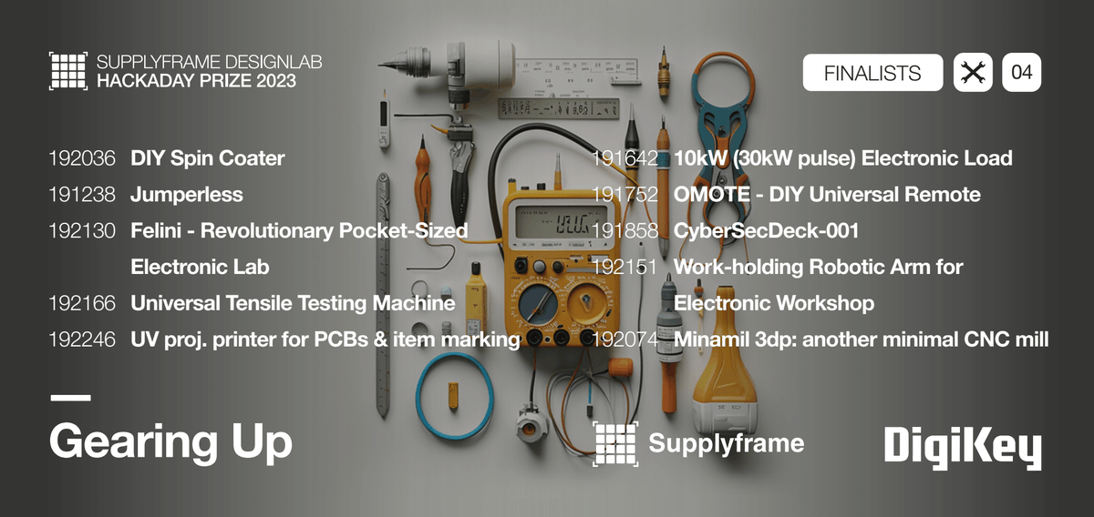 hackaday's tweet photo. 🎉 Congratulations to our Top 10 finalists of the 2023 #hackadayprize Challenge 04: Gearing up
Let's talk about your favorite hacks in the comments below!⚙️
Powered by @supplyframe and @digikey https://t.co/mVjSTobLrg