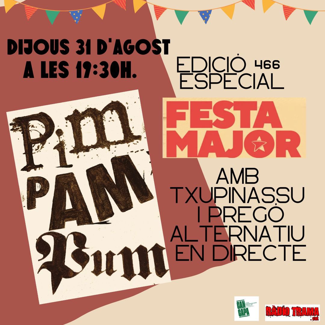 Ei!!
No us perdeu el primer programa de la temporada!
En directe el xupinassu i pregó alternatiu de les #FestaMajor2023!
Tot a radiotrama.cat!