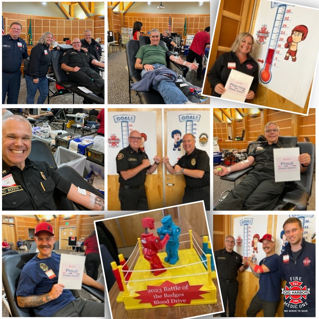 GigHarborFire's tweet photo. We had a great time at Tuesday’s Battle of the Badges Blood Drive!  The Red Cross collected 56 units of blood which surpassed their goal. We know these 56 units will make a real difference for those in need. https://t.co/wo4TetJkoi