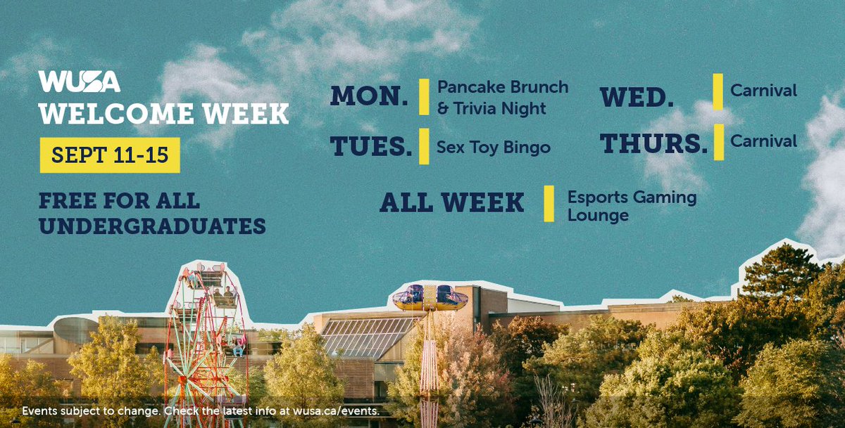 yourWUSA's tweet photo. Are you ready to kick off the Fall term with #yourWUSA Welcome Week? 🥳

Check out the full lineup of exciting events, just for you, every day from Sept. 11-15. Learn more: https://t.co/tSuXh7rqzC 

#uwaterloo #uwaterloolife #letsgo #WUSAwelcomeweek #uwaterloogg #pinkcherryca https://t.co/XmxLaTwlUG