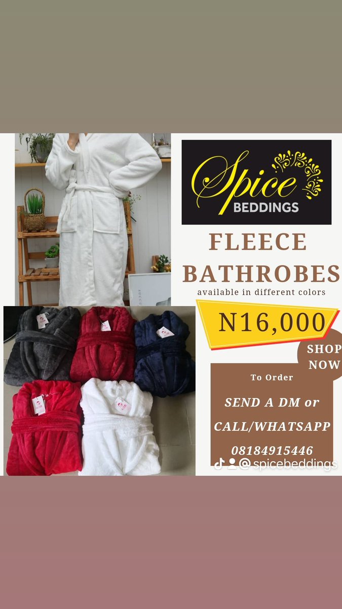 spicebeddings's tweet photo. No more chills after stepping out of the shower. Say hello to our fluffy fleece bathrobes – your after-bath companion 🧖🏽‍♀️🧖🏽‍♂️
Our fleece bathrobes = instant coziness ☕️🛁 

Price - N16,000

#StayCozy #FleeceBathrobe #Bathrobeinlagos #bathrobeinnigeria https://t.co/b6Rw7gBKSc