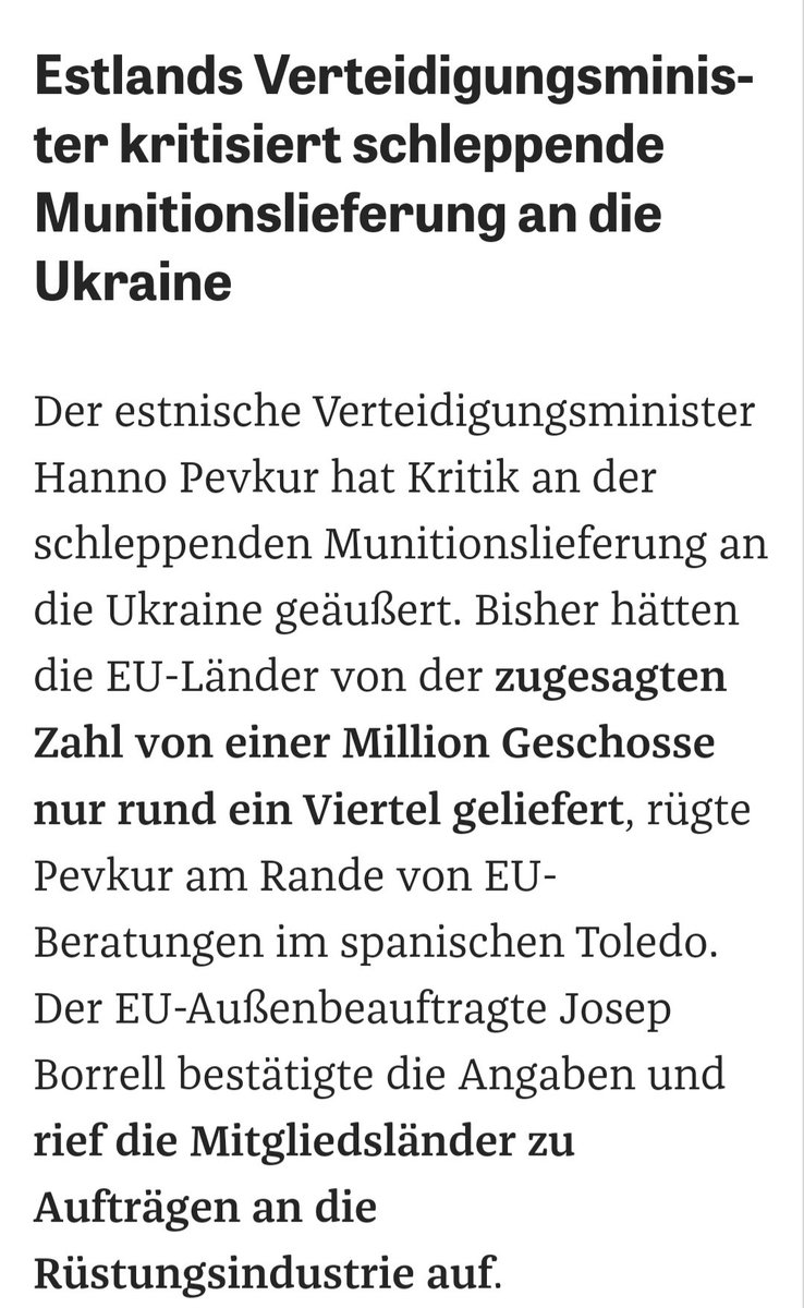 Ukrainki_UA's tweet image. #Estland s Verteidigungsminister kritisiert die schleppenden Munitionslieferungen an die 🇺🇦 Von den zugesagten Mengen hat die #EU bisher nur ca 1/4 geliefert 
zeit.de/politik/auslan…