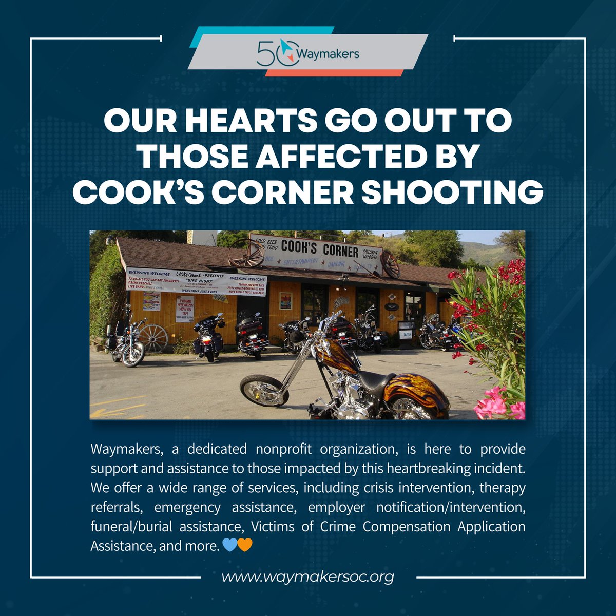 WaymakersOC's tweet image. Following the Cook's Corner tragedy, Waymakers is here to provide support for victims, witnesses, and anyone impacted. If you or someone you know requires assistance, please reach out to us. 
#cookscorner #cookscornershooting #victimservices