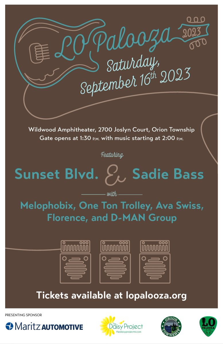 daisyprojectmi's tweet photo. LO Palooza 
Sat. Sept. 16th
All proceeds to benefit @daisyprojectmi to make our world inclusive and accessible ♿️
#lopalooza #musicfestival #daisyproject #charityevent @SadieBassMusic #sunsetblvd @Melophobix #Melophobix  @onetontrolley #Florence #avaswiss #DMAN https://t.co/cHwLyzzV2p
