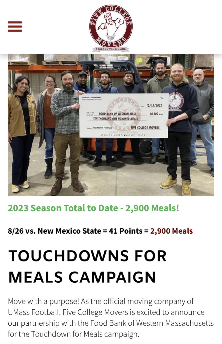 5CollegeMovers's tweet photo. Follow our #TouchdownsForMeals Campaign all year here π https://t.co/fc1Yo18Zw0
Each @UMassFootball touchdown = 500 meals and each field goal = 200 meals funded to the @FoodBankWMA πͺπ½ππ https://t.co/DTGpwzYRqz