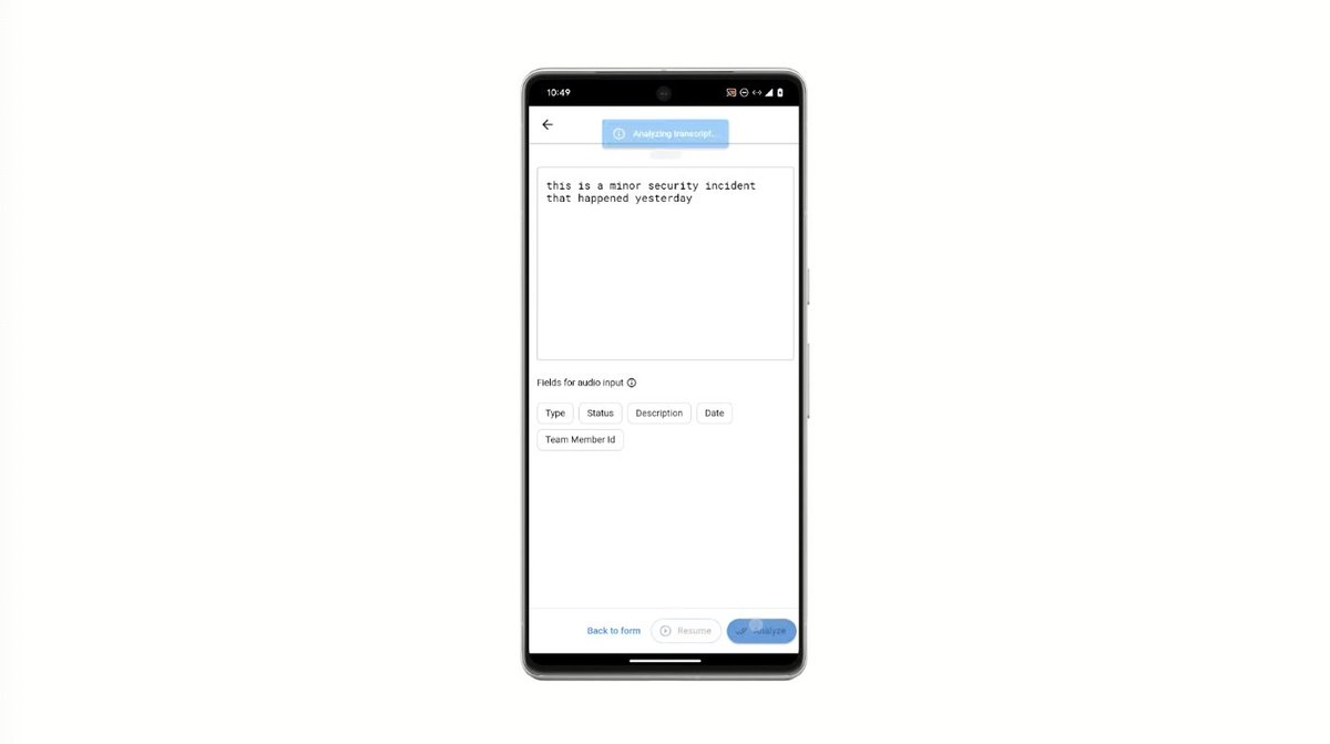 samcharrington's tweet photo. Great feature for filling out forms in the AppSheet mobile app. Allows you to fill out a form--in demo for incident tracker--via voice, and an LLM parses the text into the form fields.

#GoogleCloudNext https://t.co/gQObx99GcH