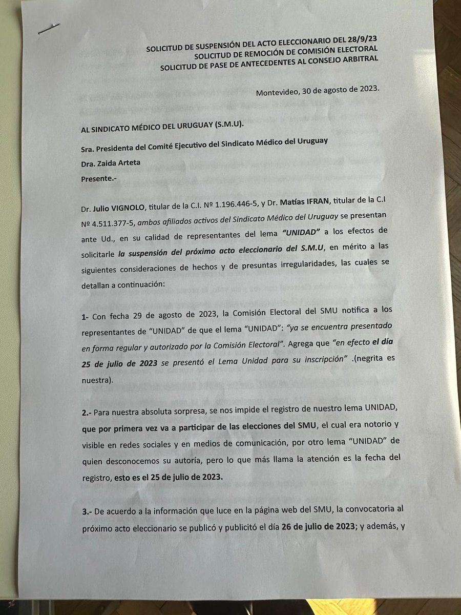 identidad__uy's tweet photo. Inaudita maniobra de intento de robo de nuestro nombre y flagrante violación del Estatuto Electoral. Las elecciones en el SMU deben suspenderse. Aquí el escrito presentado hoy en el SMU. https://t.co/70ARQOHACW