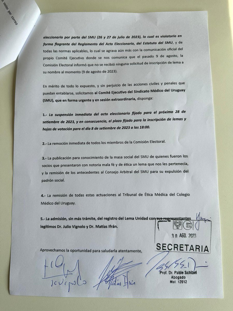 identidad__uy's tweet photo. Inaudita maniobra de intento de robo de nuestro nombre y flagrante violación del Estatuto Electoral. Las elecciones en el SMU deben suspenderse. Aquí el escrito presentado hoy en el SMU. https://t.co/70ARQOHACW