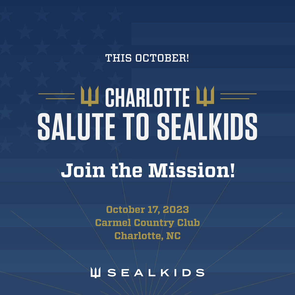sealkids's tweet photo. Join us this October for the 2023 Charlotte Salute to SEALKIDS!
Enjoy a cocktail hour, parachute jumpers, and a dinner! 

#CharlotteSalute #nonprofit #SEALKIDS #Squad17 #usnavyseal #america #family #navyseals #trident #stayinthefight https://t.co/5dZcnea0SL