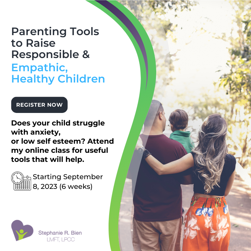 Starting September 8, Stephanie Bien LMFT will be hosting a 6-week online parenting class titled "Parenting Tools to Raise Responsible &amp; Empathic, Healthy Children".  Register and get more info here: stephaniebien.com/parenting-work…