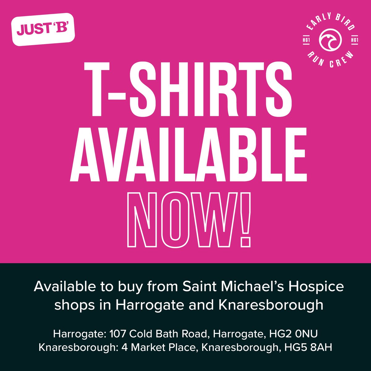EarlyBirdRunnin's tweet photo. Hey homies, some fabulous news…!

Crew T-shirts are available to buy now from the Saint Michael's Hospice shops on Coldbath Road and the Market Place in Knaresborough!

Priced at just £15! 🖤💕 https://t.co/ndfXcyonYX
