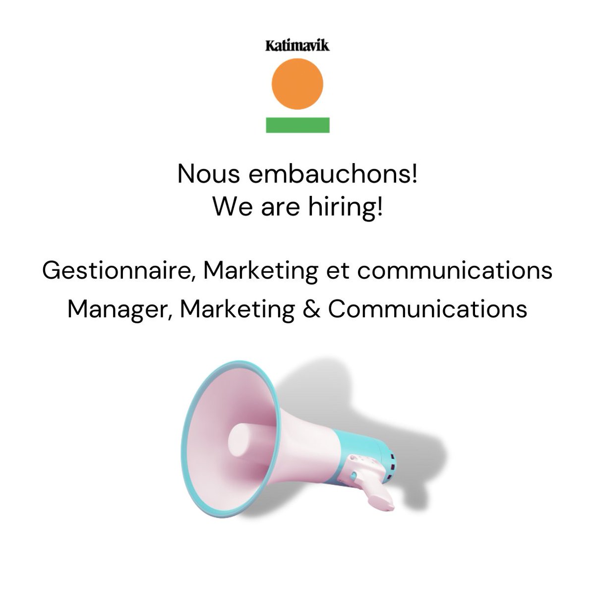 Nous recrutons présentement pour le poste de Gestionnaire, Marketing et communications, au bureau de Montréal.
katimavik.org/fr/carrieres/
--
We are currently hiring for the Manager, Marketing &amp; Communications position in our Montreal Office.
katimavik.org/en/careers/