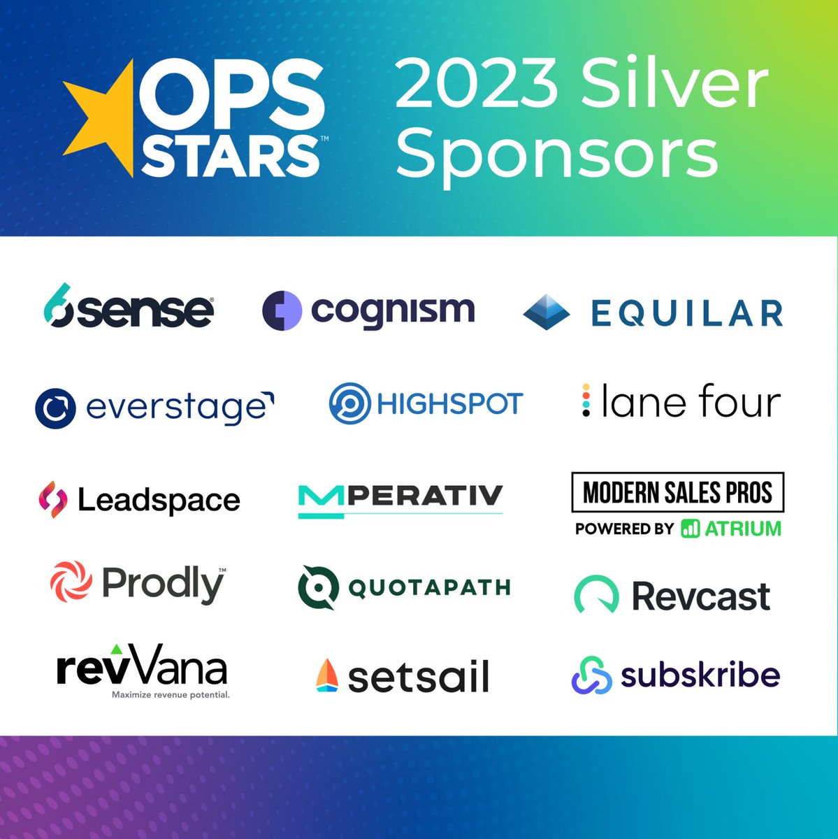Ops_Stars's tweet photo. We can't get enough of our Silver Sponsors!

@6senseInc @Cognism @equilarinc @everstageinc @Highspot @lanefourdata @Leadspace @mperativ @modernsalespros @Prodly @QuotaPath @revcast @revVanaSoftware @SetSailCo @SubskribeInc 

Meet us at the Mint on 9/13 ➡ https://t.co/1qnFcPORSv https://t.co/xSFq0SOwy8