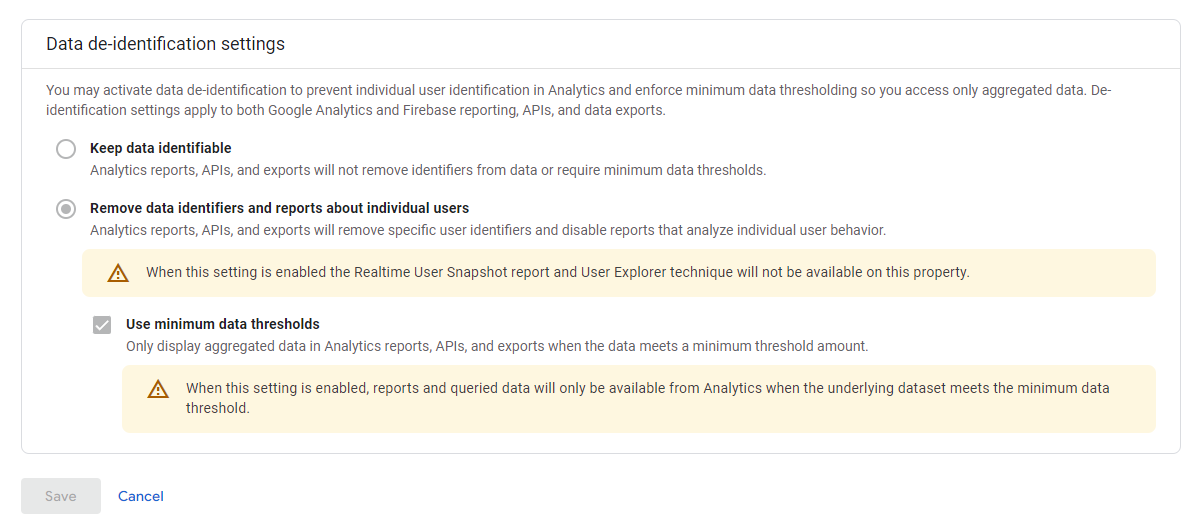 🚀GA4 - Data de-identification settings

Empieza a aparecer en #GA4 una nueva opción para elegir el nivel de privacidad a la hora de consumir nuestros datos en la herramienta.

Con esta opción, seguramente, podamos despedirnos del molesto umbral 👏👏