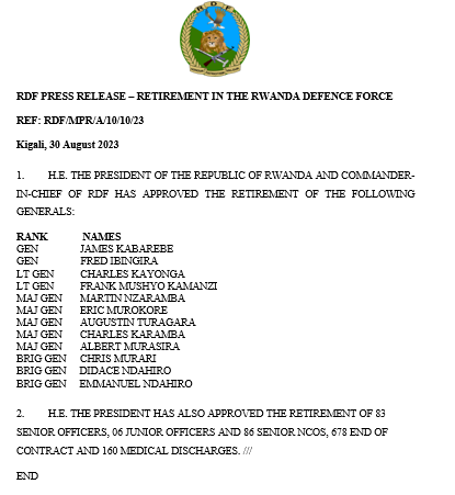 RDF PRESS RELEASE – RETIREMENT IN THE RWANDA DEFENCE FORCE. bit.ly/3Pj5gP6