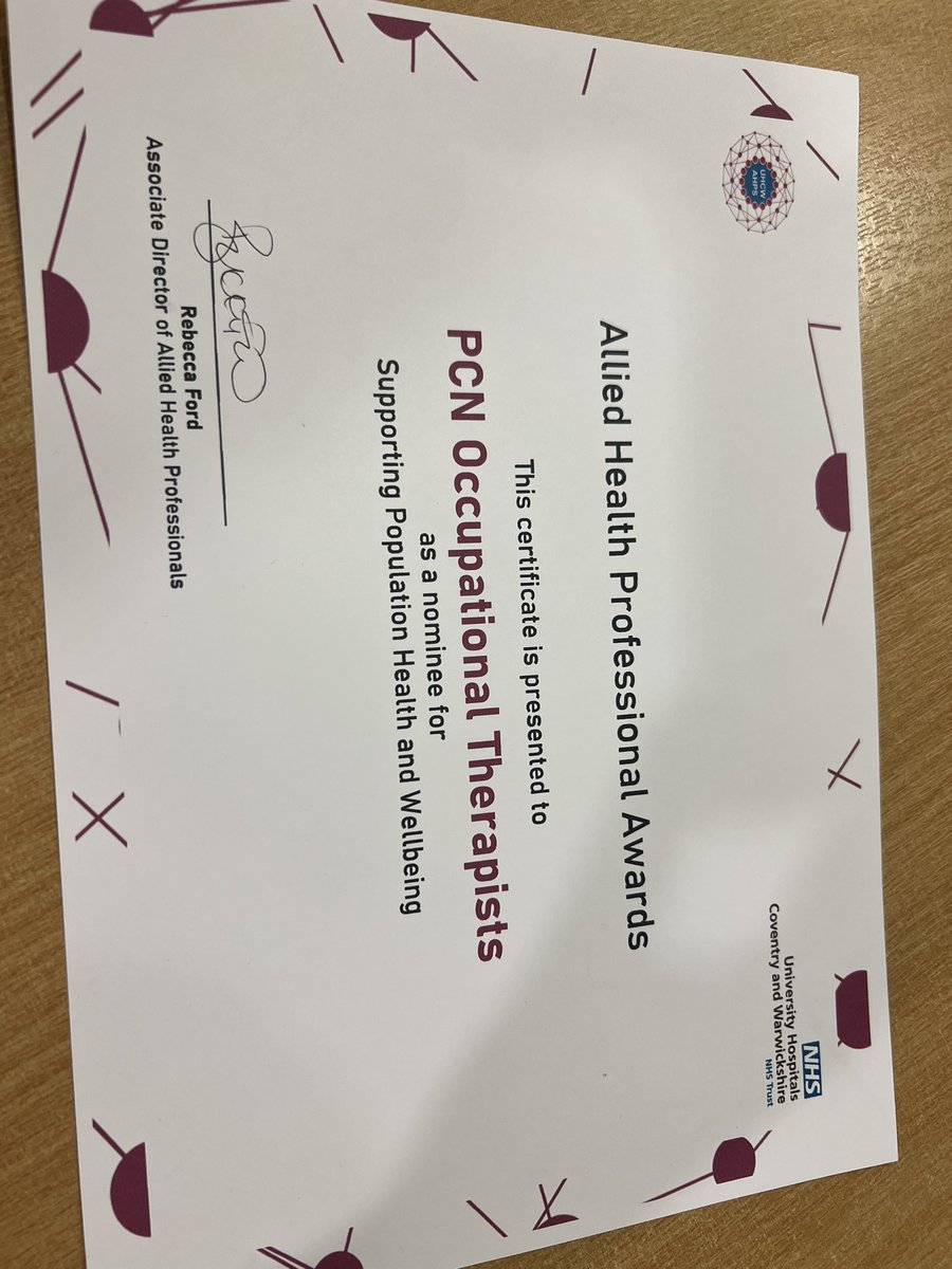 Super proud of us Coventry Primary Care OTs. We are making such a difference to people’s lives 🙌 We received this certificate today to highlight out great work across 3 PCNs #primarycare #rcot #primarycareOTs @bekki_ford @UHCW_REACT @nhsuhcw @UHCWOTs @TaraConvery