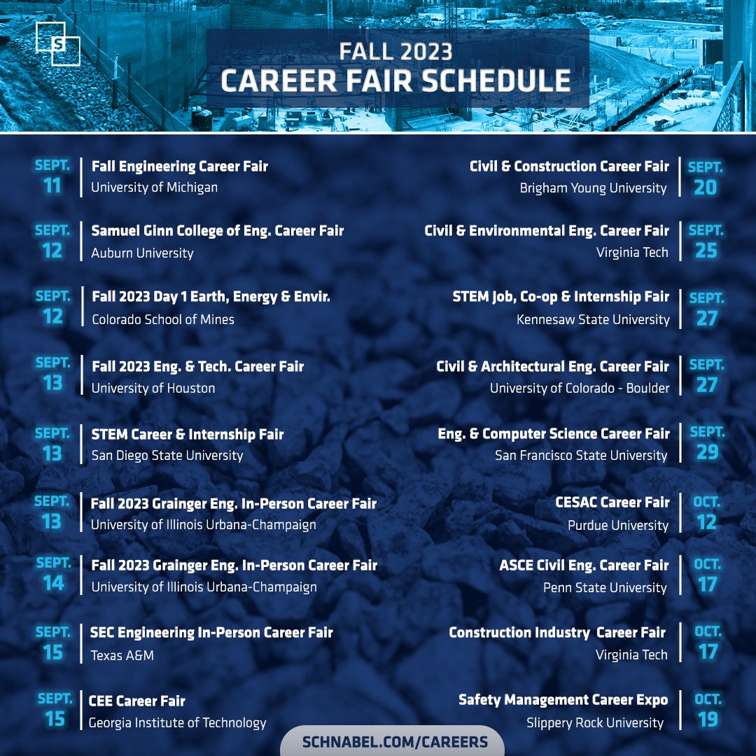🍂 FALL 2023 CAREER FAIR SCHEDULE 🍂

Every year we work hard to identify the top career fairs that relate to our industry. This year, we have 17 in-person fairs scheduled!! 

If you're going to be at one of these events, please stop by and get some free swag!

#Stillhiring