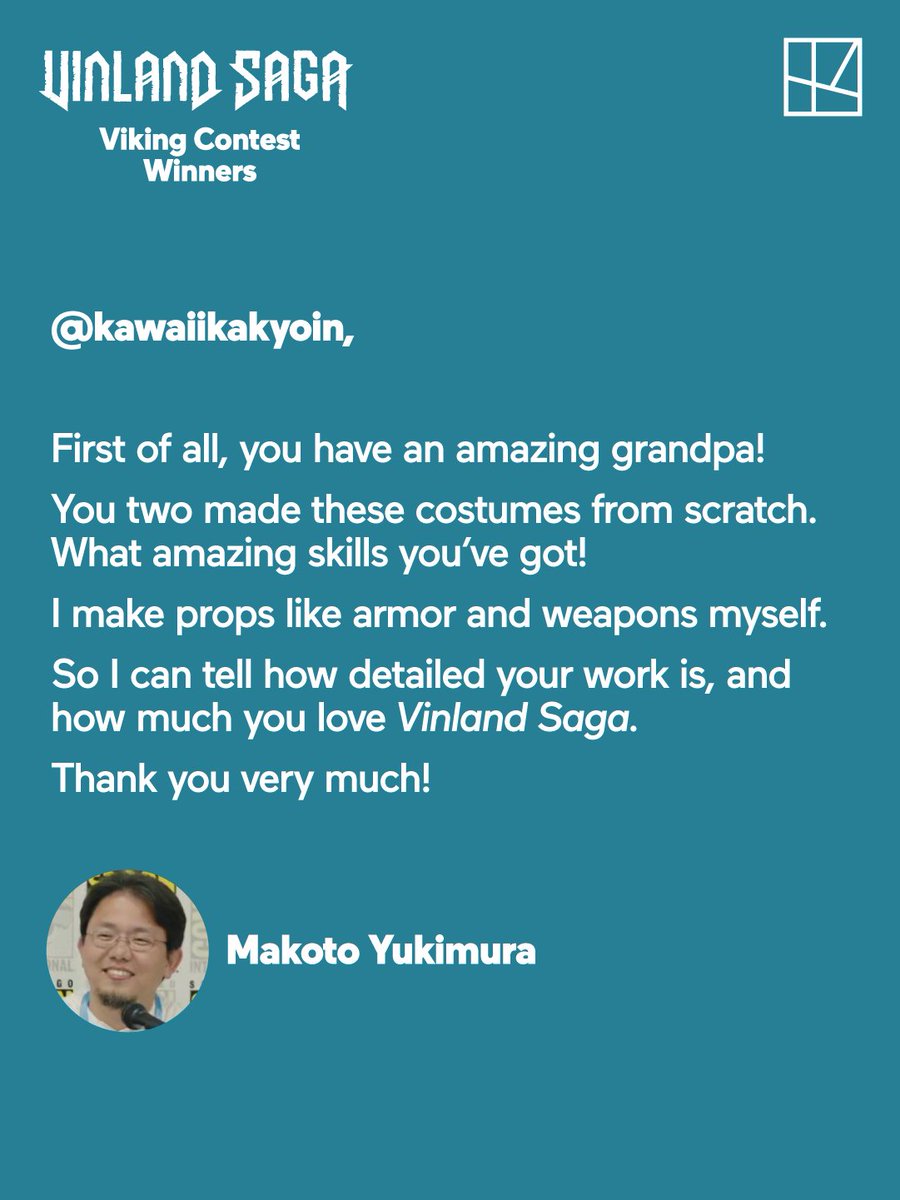 KodanshaManga's tweet photo. #VinlandSagaVikingContest Winner:
@kawaiikakyoin and grandpa for their amazing cosplay!
 
Check out the comment from @makotoyukimura 

https://t.co/XKiYSYRbg7

#VinlandSaga https://t.co/P3iBm6in7m