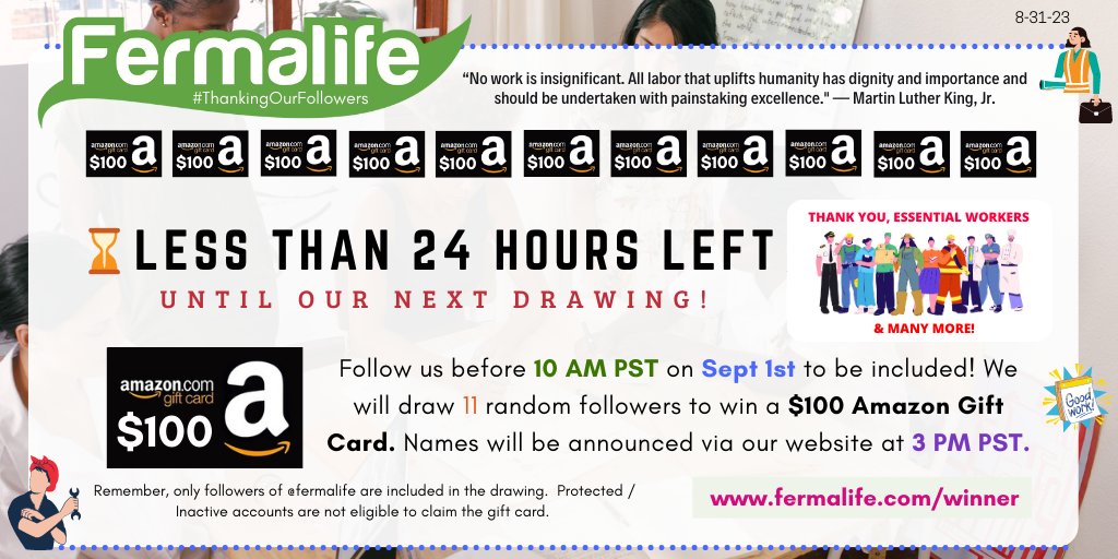 ✨⌛24 HOURS LEFT until our next #ThankingOurFollowers drawing! 11 random followers will win a $100 #AmazonGiftCard! Follow us before September 1st, 10AM PST to be included in the drawing! LEARN MORE: fermalife.com/winner