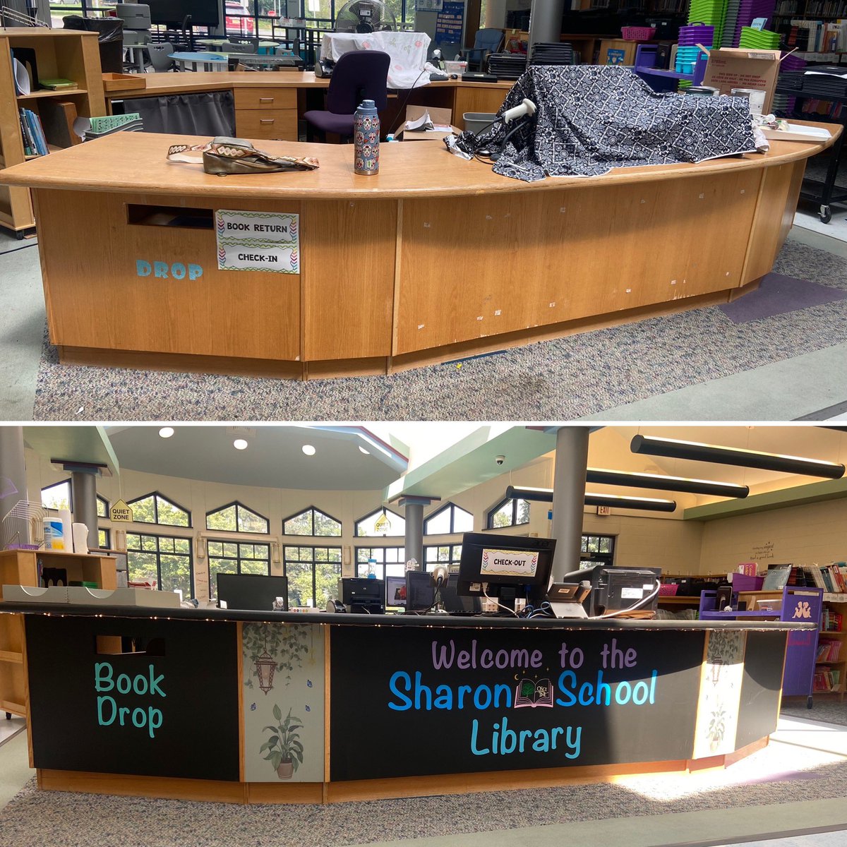 Before and after of my circulation desk! The Sharon School library is ready to welcome students next week! <a href="/bitsbyBoomer/">Sharon School</a>  <a href="/RvilleProud/">RvilleProud</a>