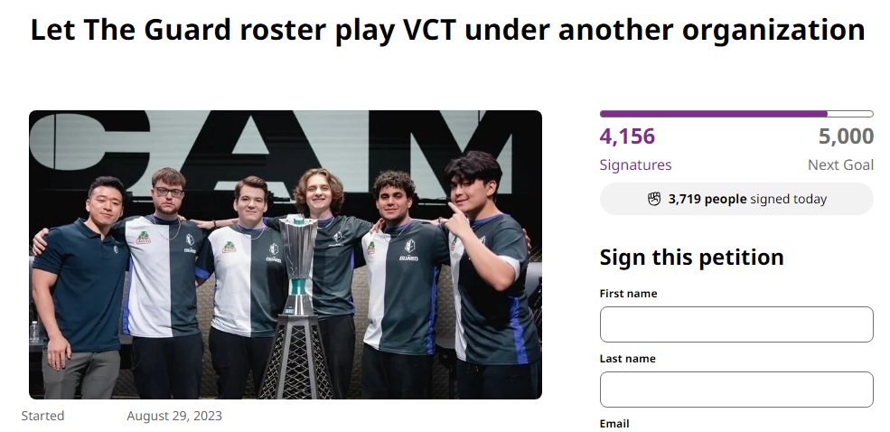 ValorINTEL's tweet photo. A petition was started to ask Riot to allow The Guard players to play under another organization for the VCT Americas 2024 season  

It currently sits at just over 4,000 signatures

🔗 https://t.co/A2Ix7jegPQ https://t.co/5kqoY93lQ8