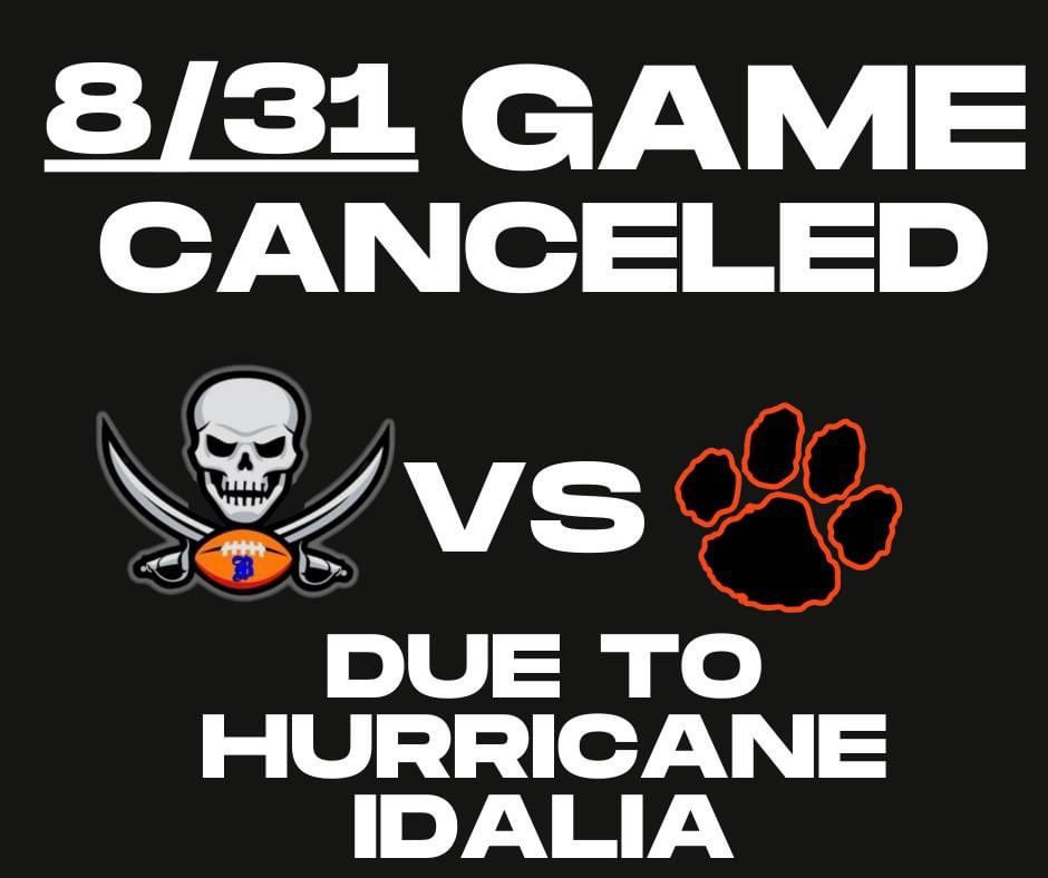 Our game 🆚 Winter Park has been canceled due to complications from Hurricane Idalia. We look forward to seeing everyone at our Border War game 🆚 St. Augustine next Saturday at 7:30PM. Stay Safe & Go Pirates! 🟦🟨🏴‍☠️⚓️☠️ #AllAboutTheFamily