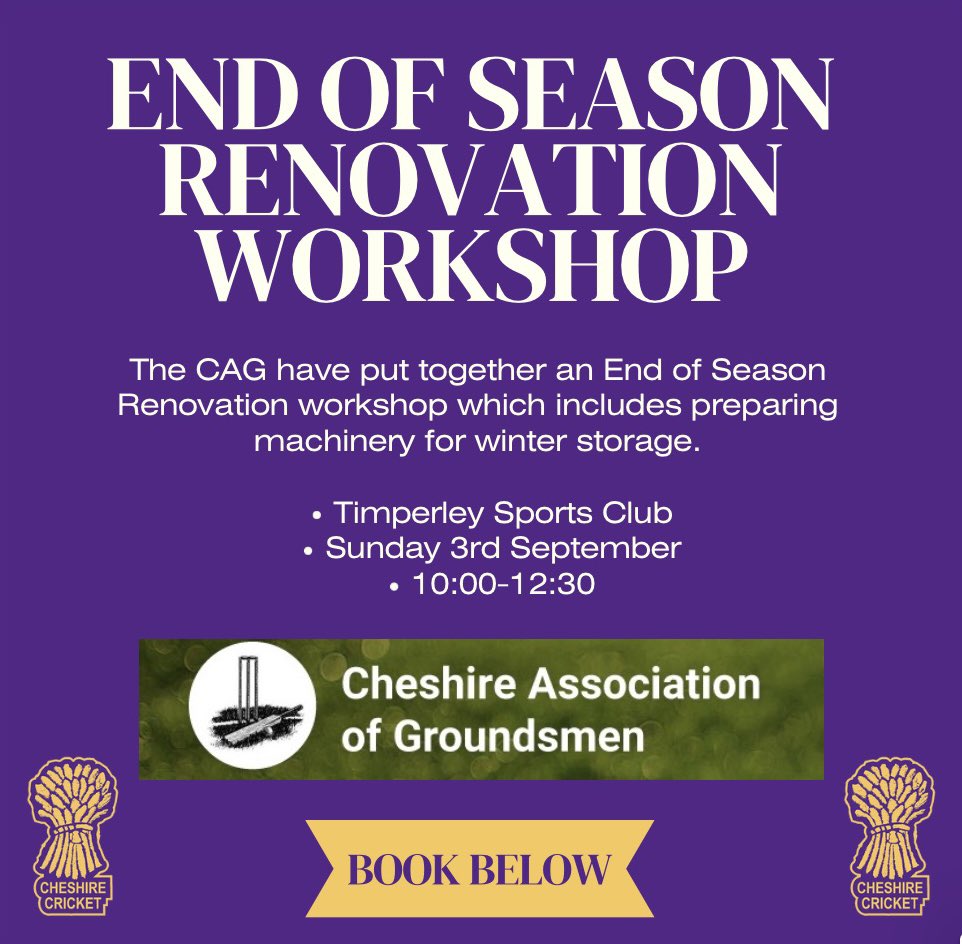 The CAG have put together an End of Season Renovation Workshop which includes preparing machinery for Winter storage!

It is at Timperley Sports club, Sunday 3rd September, 10:00-12:30!

Click the link below to book now👇👇

forms.office.com/e/7uUBU0QqFm