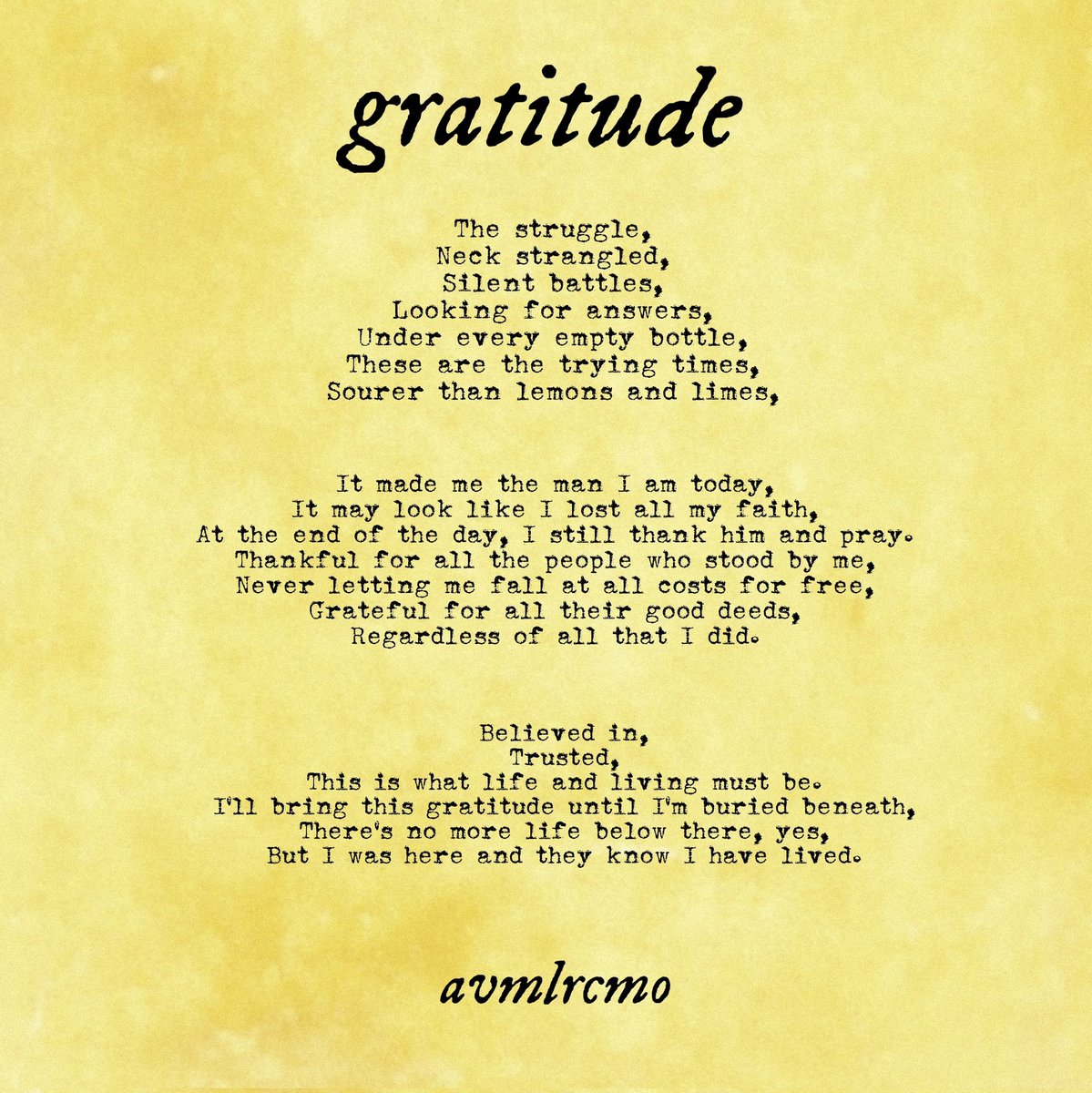 avmlrcmo's tweet photo. Gratitude 💛
#poem #poems #avmlrcmo #WordsForTheHeart #creativewriting #writing #words #writing https://t.co/2aEr50HFwr