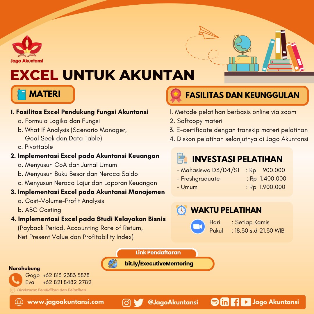 Buruan daftar, tunggu apalagi
.
.
Learning, Sharing, Inspiring…
.
#JagoAkuntansi
#BelajarDariNol
#PelatihanSertifikasi
#Akuntansi
#PelatihanAkuntansi
#PerpajakanTerapan
#KomputerisasiAkuntansi
#AkuntansiEMKM
#TeknisiAkuntansi
#ZahirOnline
#AccurateOnline
#CPMAReview
#CPAReview