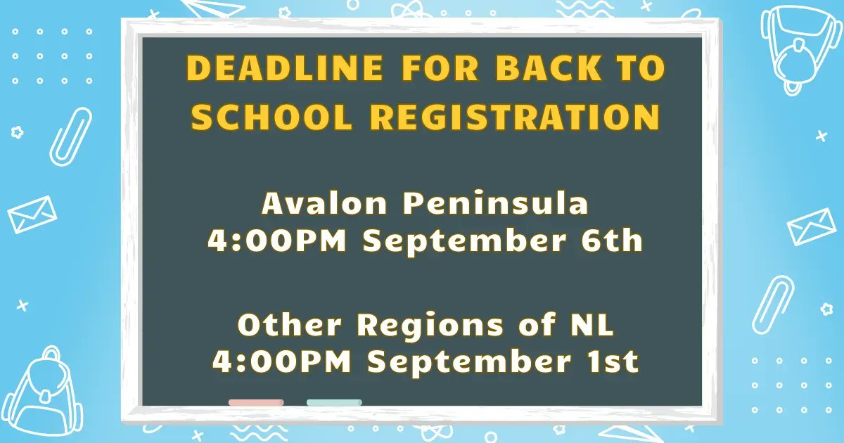 The deadline for Back to School registration is almost here! 

If you're outside the Avalon Peninsula and require delivery, make sure to register before 4:00 PM on September 1st. If you're within the Avalon Peninsula, make sure to register before 4:00 PM on September 6th.