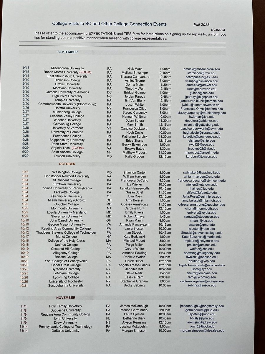 Josh Ditsky (@collegeditsky) on Twitter photo <a href="/HaloBC/">BCHalo</a>
College Rep Visits Updated as of today
More to come
Stay Tuned
Sign Up in Mrs Bonannos Office
<a href="/BCSaintsSports/">Berks Catholic Athletics</a> <a href="/BerksCatholic/">Berks Catholic</a> <a href="/WannaBeASaint/">BC Admissions</a> <a href="/HaloBC/">BCHalo</a>
College Rep Visits Updated as of today
More to come
Stay Tuned
Sign Up in Mrs Bonannos Office
<a href="/BCSaintsSports/">Berks Catholic Athletics</a> <a href="/BerksCatholic/">Berks Catholic</a> <a href="/WannaBeASaint/">BC Admissions</a>