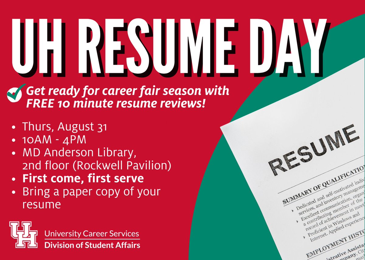 CoogCareers's tweet photo. 📢TOMORROW! 📢Join us on Thursday for UH Resume Day! Get your resume reviewed by employers, campus partners and UCS staff. We look forward to seeing you there! #UH24 #UH25 #UH26 #UH27 https://t.co/adGheJmUbQ