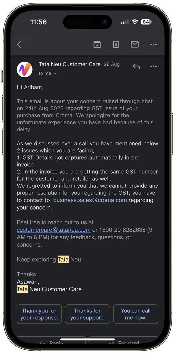 jain_arihant12's tweet image. 👋 @tata_neu need some answers here! 🧐 When I shop on Tata Neu App, why the need to email Croma for billing problems?
And seriously, can’t you just sort out my GST issue, which is a result of your terrible UI? 📲💻
#TataNeu #UIProblems
#Tata (1/2)