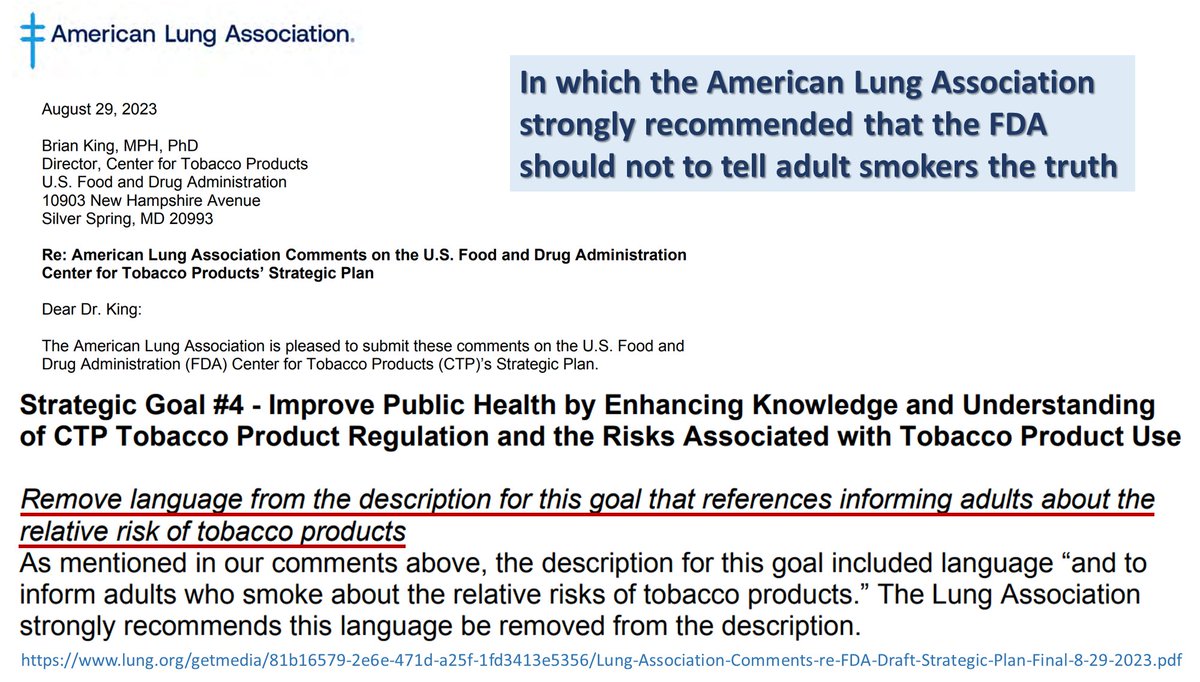 ChaunceyGardner's tweet photo. The American @LungAssociation "strongly recommends" that @FDATobacco should not tell adult smokers the truth.

Withholding truth is a violation of Truth-Telling, a fundamental moral principle in Healthcare Ethics.

This isn't part of some dystopian novel.  It's reality. https://t.co/3Kx8FwChgW